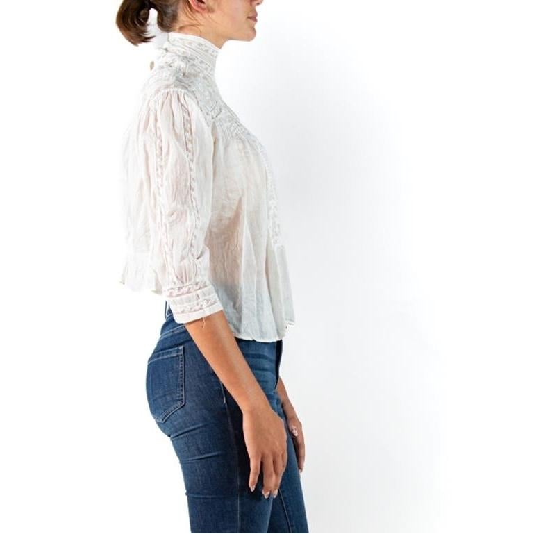 Women's Edwardian White Organic Cotton Voile & Lace Swan Neck Button Back Blouse For Sale
