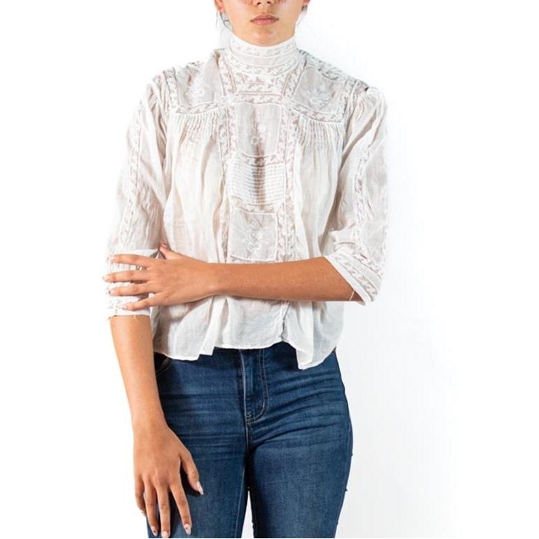 Edwardian White Organic Cotton Voile & Lace Swan Neck Button Back Blouse For Sale 1