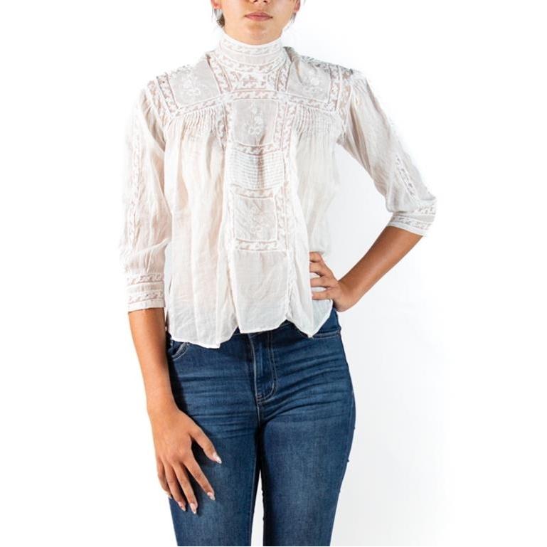 Edwardian White Organic Cotton Voile & Lace Swan Neck Button Back Blouse For Sale 2