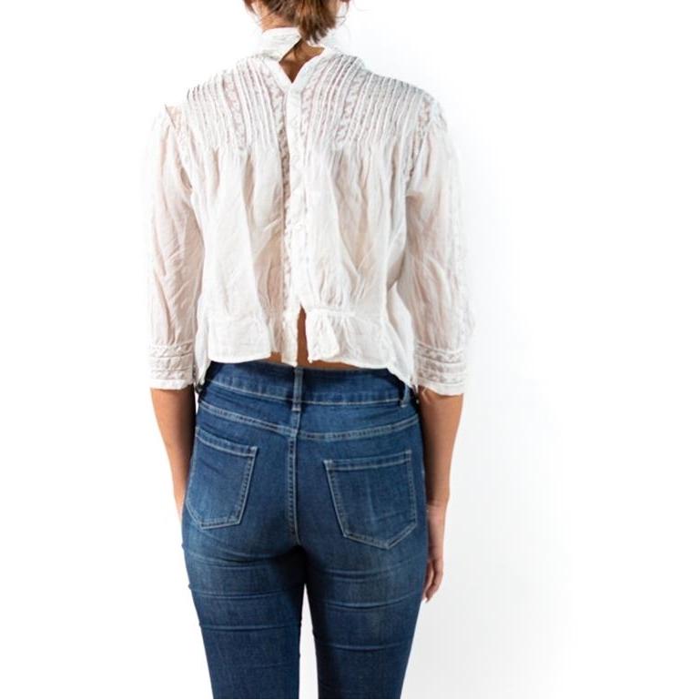 Edwardian White Organic Cotton Voile & Lace Swan Neck Button Back Blouse For Sale 3