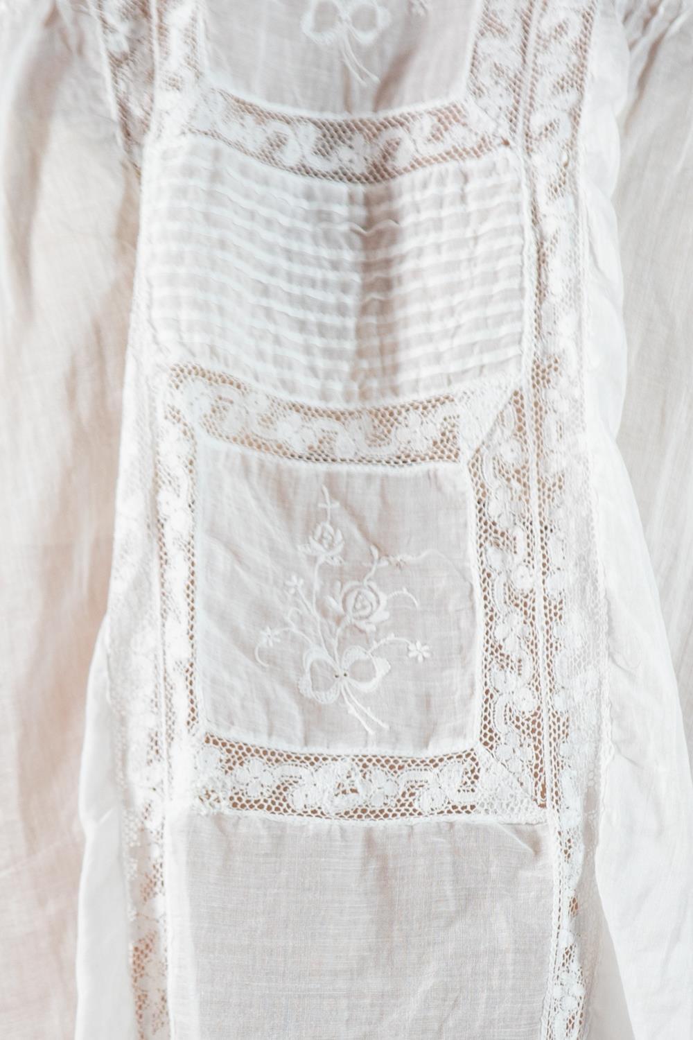 Edwardian White Organic Cotton Voile & Lace Swan Neck Button Back Blouse For Sale 4