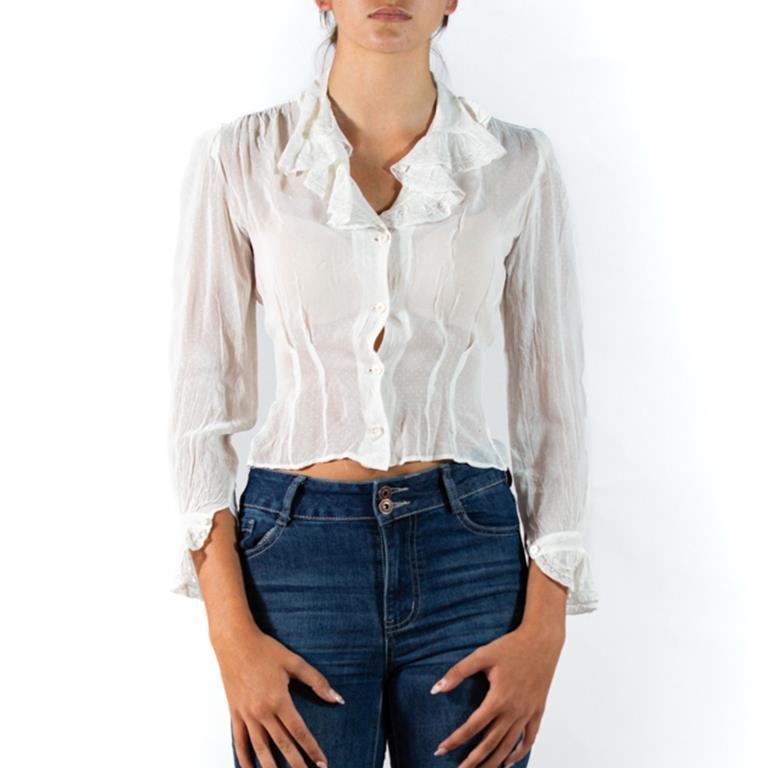 Edwardian White Organic Cotton Voile Ruffled Collar Blouse With Antique Lace & Embroidery