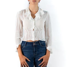 Edwardian White Organic Cotton Voile Ruffled Collar Blouse With Antique Lace &