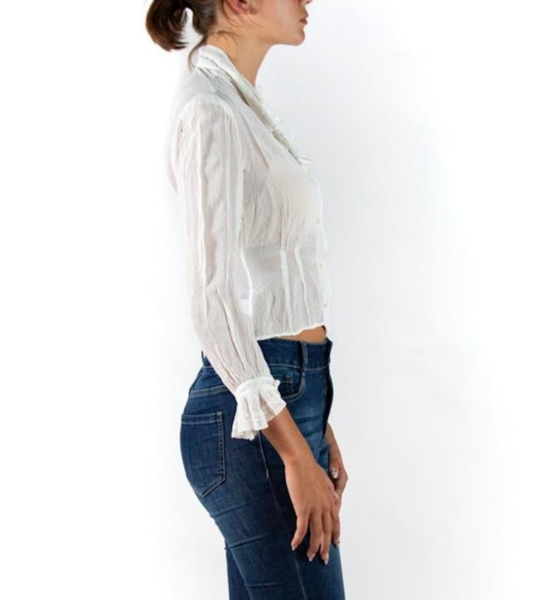 Edwardian White Organic Cotton Voile Ruffled Collar Blouse With Antique Lace & For Sale 1