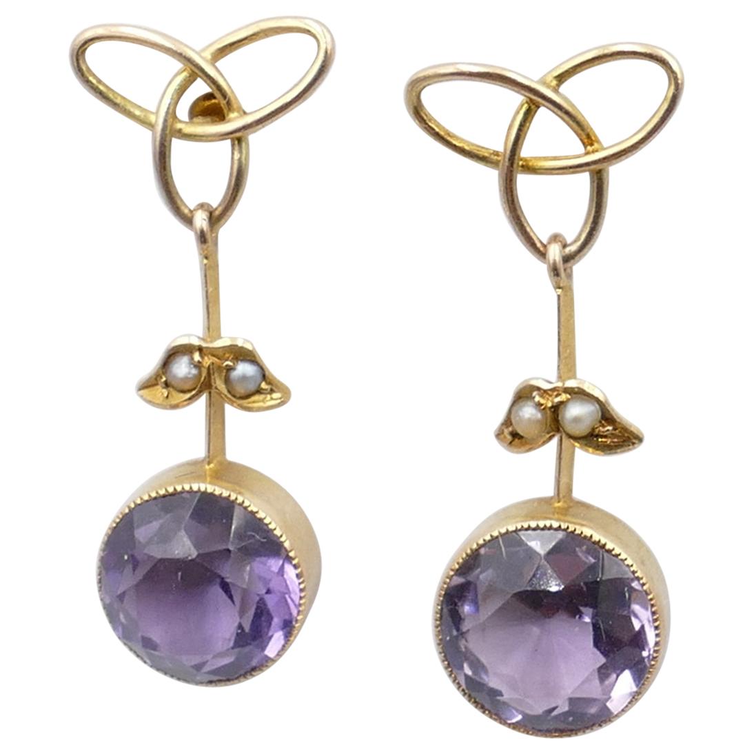 Edwardian Yellow Gold Amethyst and Pearl Earrings For Sale