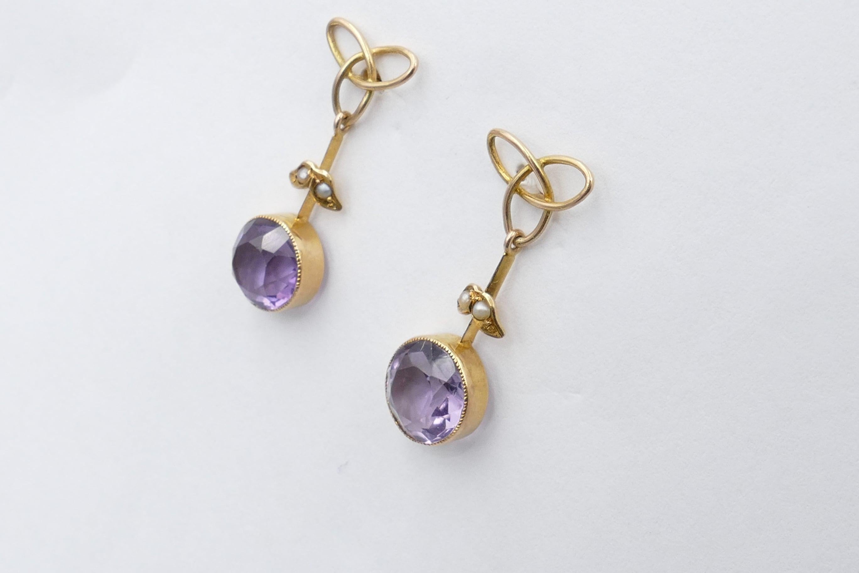 Brilliant Cut Edwardian Yellow Gold Amethyst and Pearl Earrings For Sale