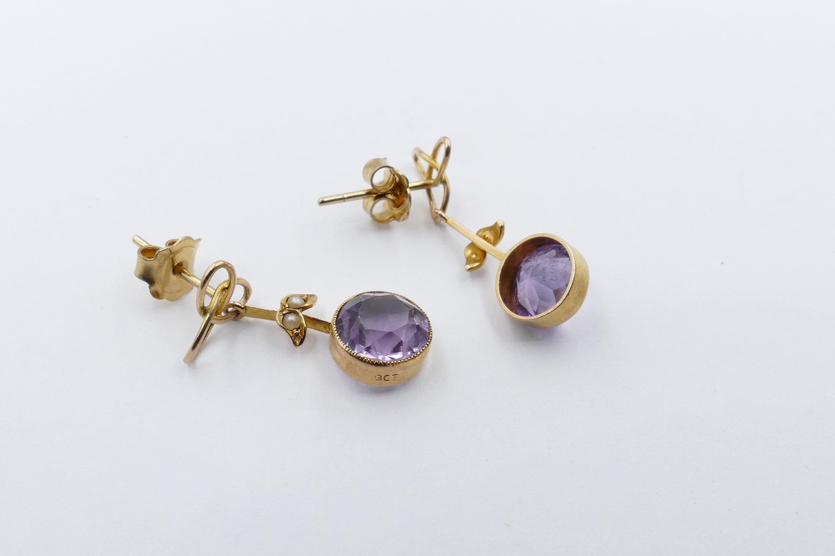 Women's Edwardian Yellow Gold Amethyst and Pearl Earrings For Sale
