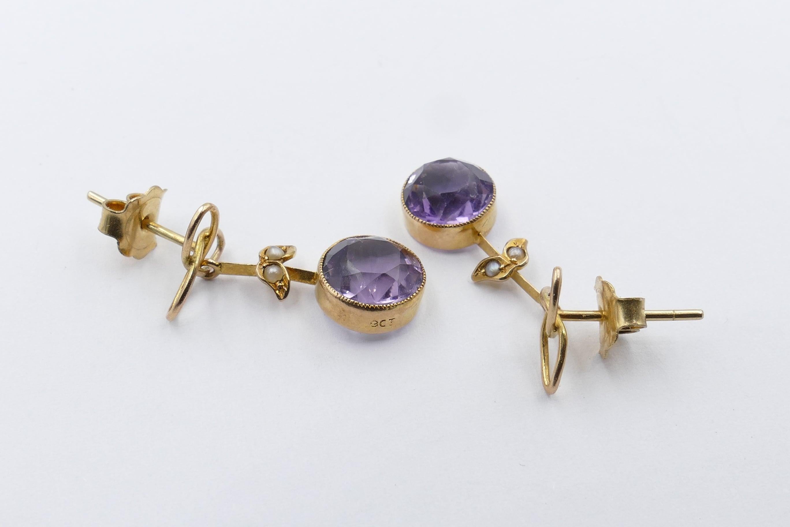 Edwardian Yellow Gold Amethyst and Pearl Earrings For Sale 1