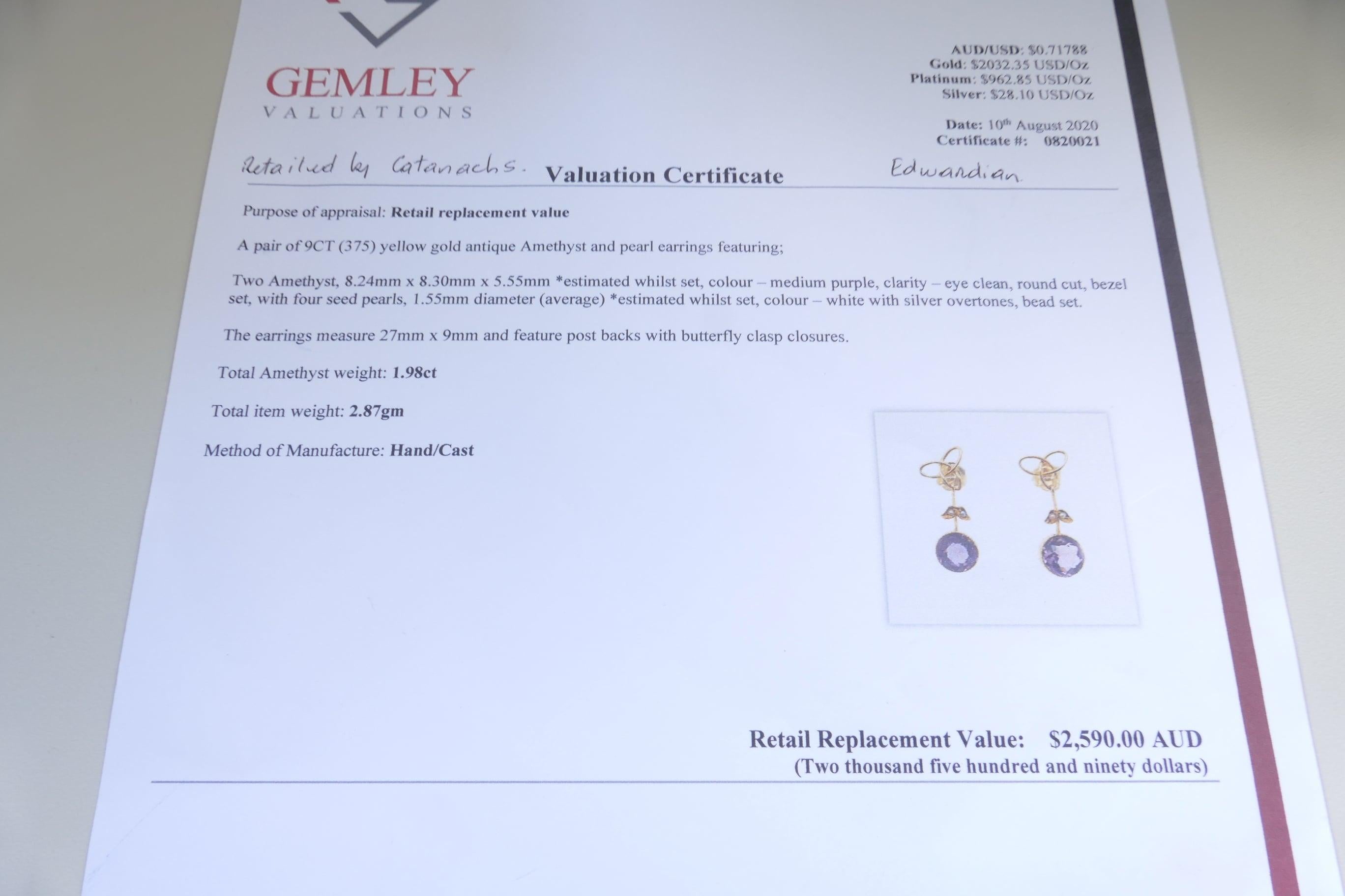 Edwardian Yellow Gold Amethyst and Pearl Earrings For Sale 2