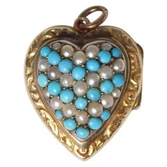 Antique Edwardian Yellow Gold Back and Front Turquoise and Pearl Heart Locket Pendant