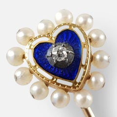Edwardian Yellow Gold, Blue Enamel, Diamond, & Seed Pearl Heart Shaped Stick Pin