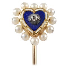 Edwardian Yellow Gold, Blue Enamel, Diamond, & Seed Pearl Heart Shaped Stick Pin