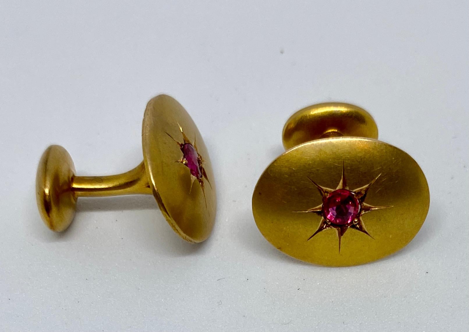 Old Mine Cut Edwardian Yellow Gold Cufflinks with Star-Set Rubies