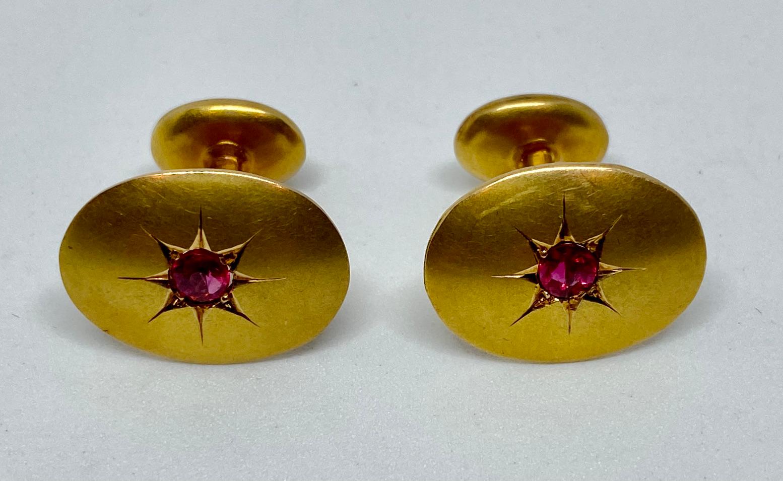 Edwardian Yellow Gold Cufflinks with Star-Set Rubies 2