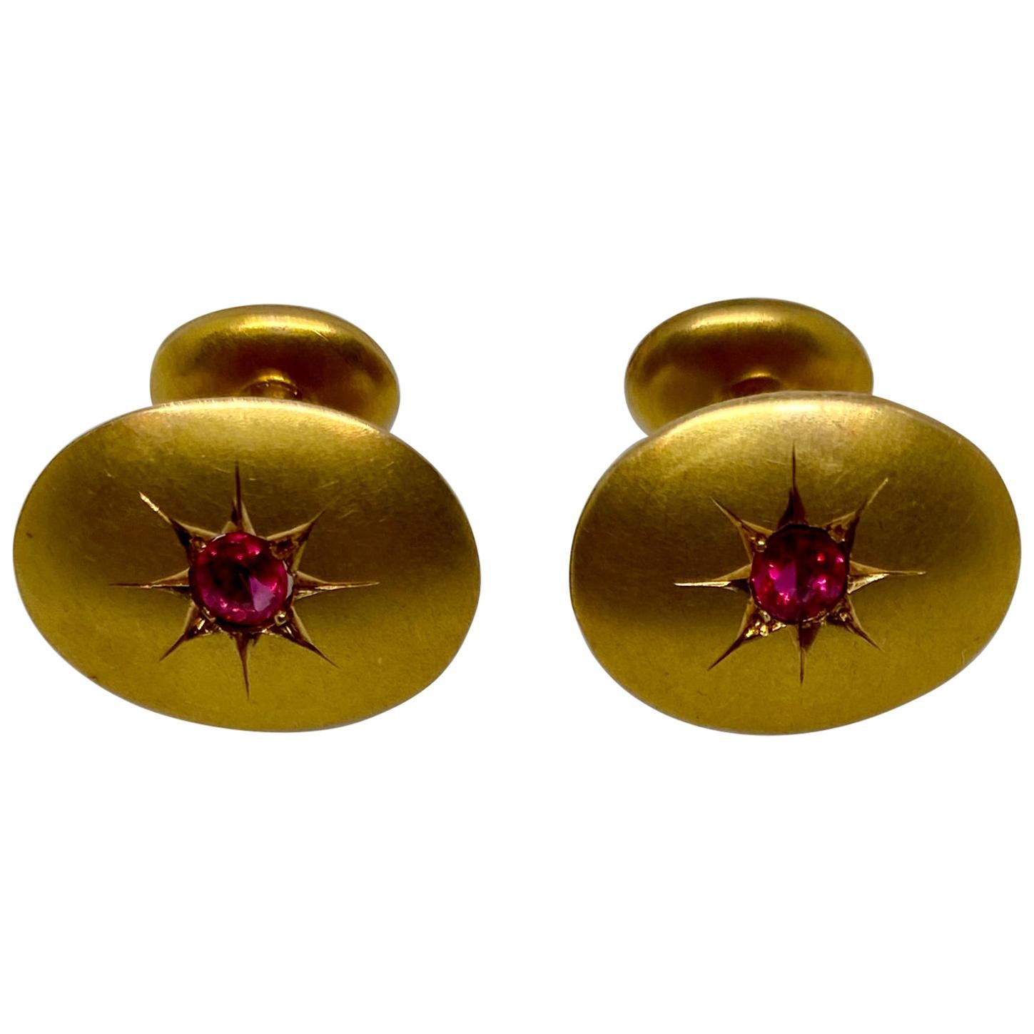 Edwardian Yellow Gold Cufflinks with Star-Set Rubies