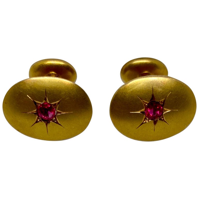 Boutons De Manchette Anciens Édouardiens - Or Jaune 14k Avec Saphir Et Diamant - Charnière Nickel-Free
