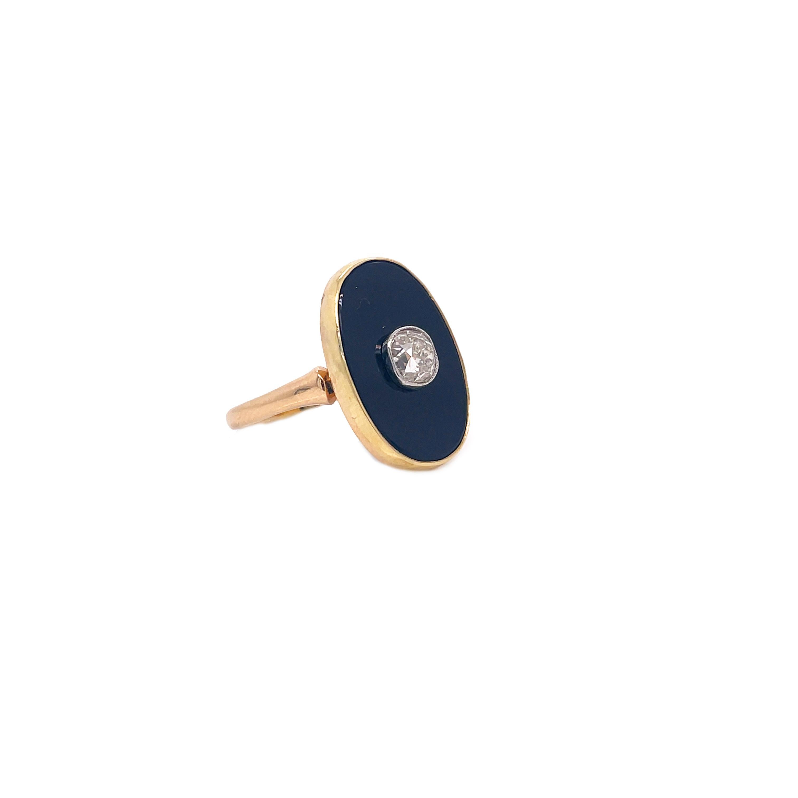 Old Mine Cut Edwardian Yellow Gold Onyx & Diamond Ring with Platinum Bezel