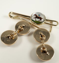 Edwardian Yellow Gold, Reverse Painted Equestrian Cufflinks and Tie Tack