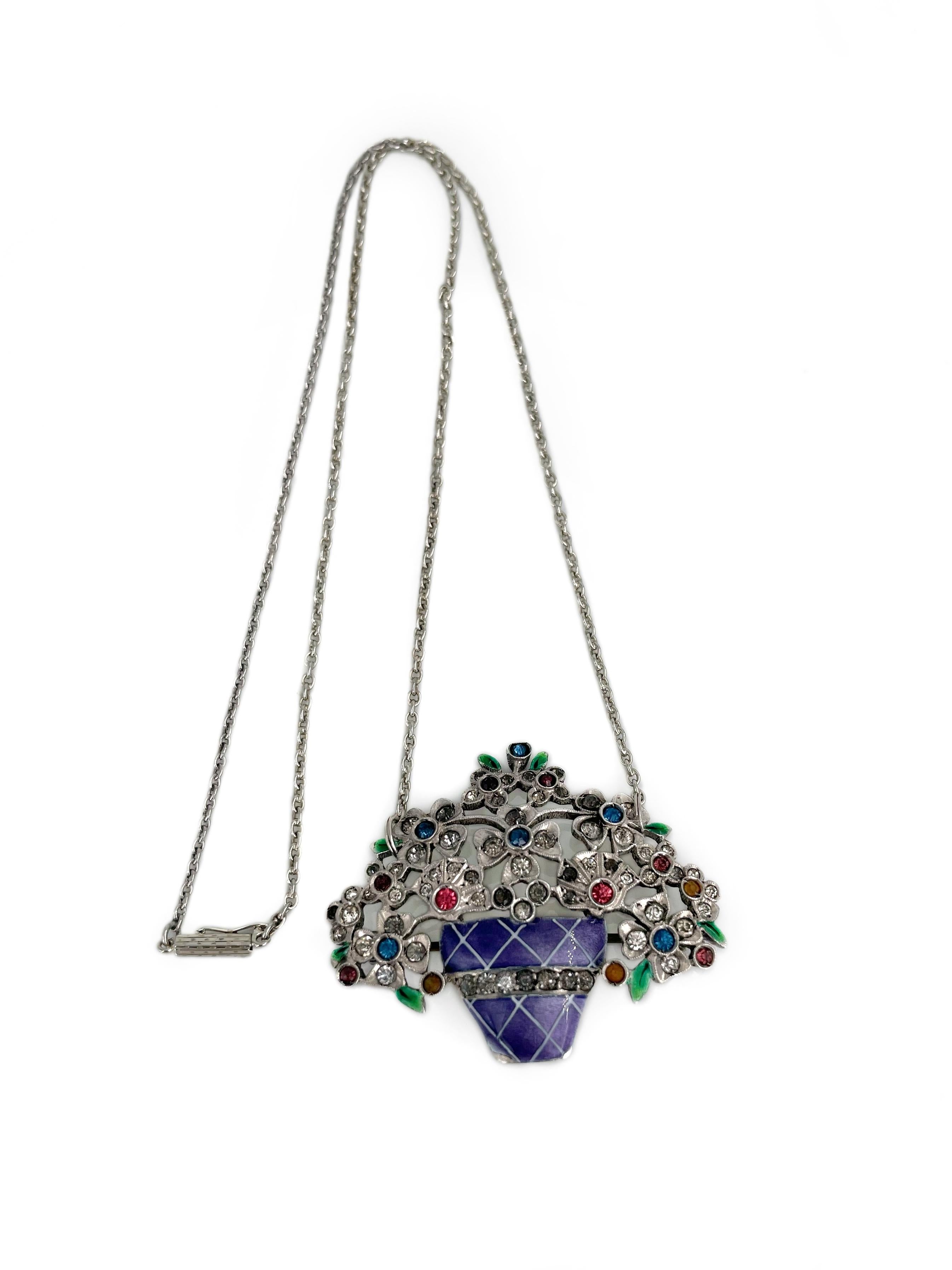 Edwardian Edwardiar Silver Enamel Paste Flower Basket Giardinetti Collier Pendant Brooch For Sale