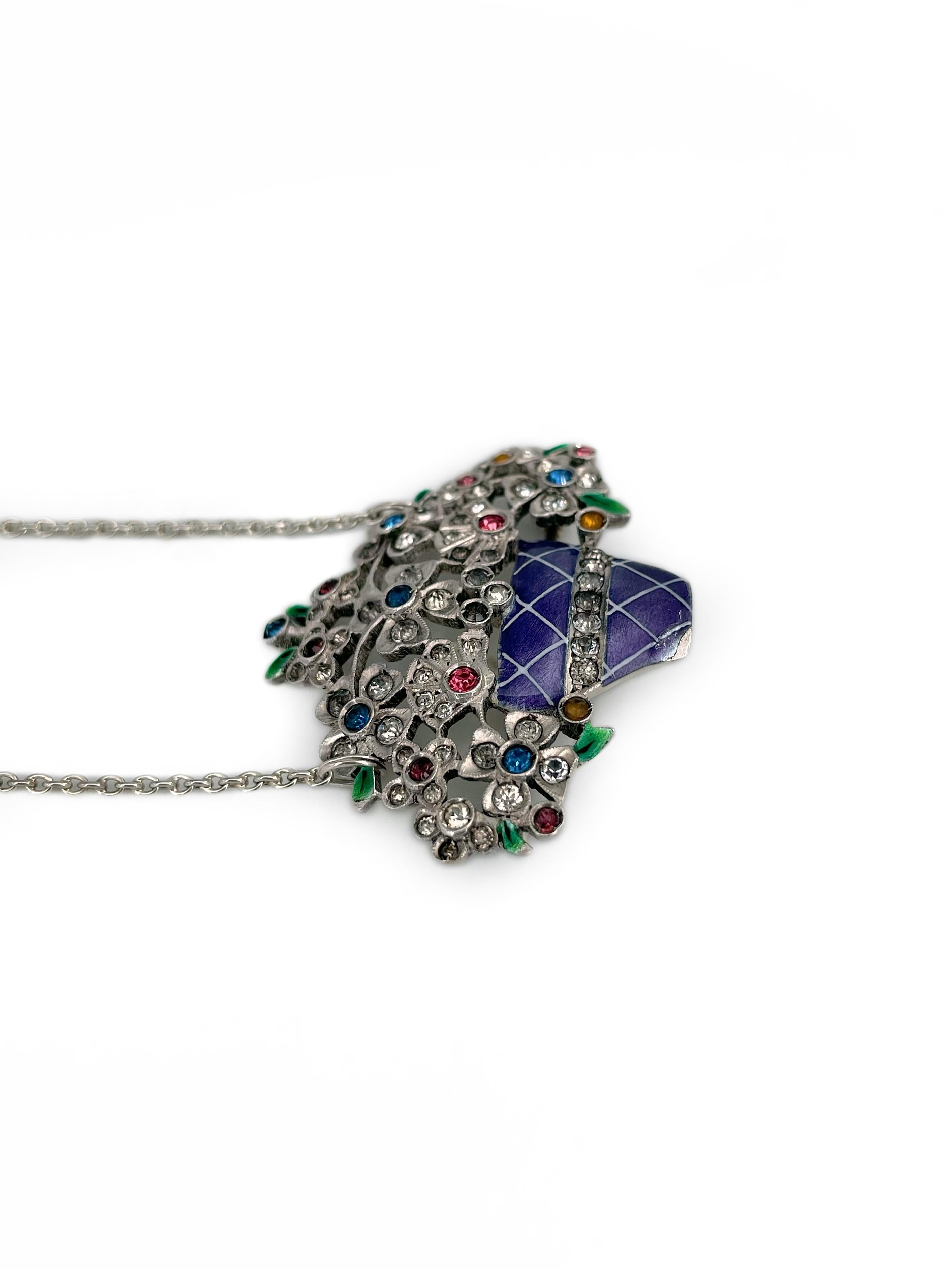 Edwardiar Silver Enamel Paste Flower Basket Giardinetti Collier Pendant Brooch In Good Condition For Sale In Vilnius, Vilniaus apskr.