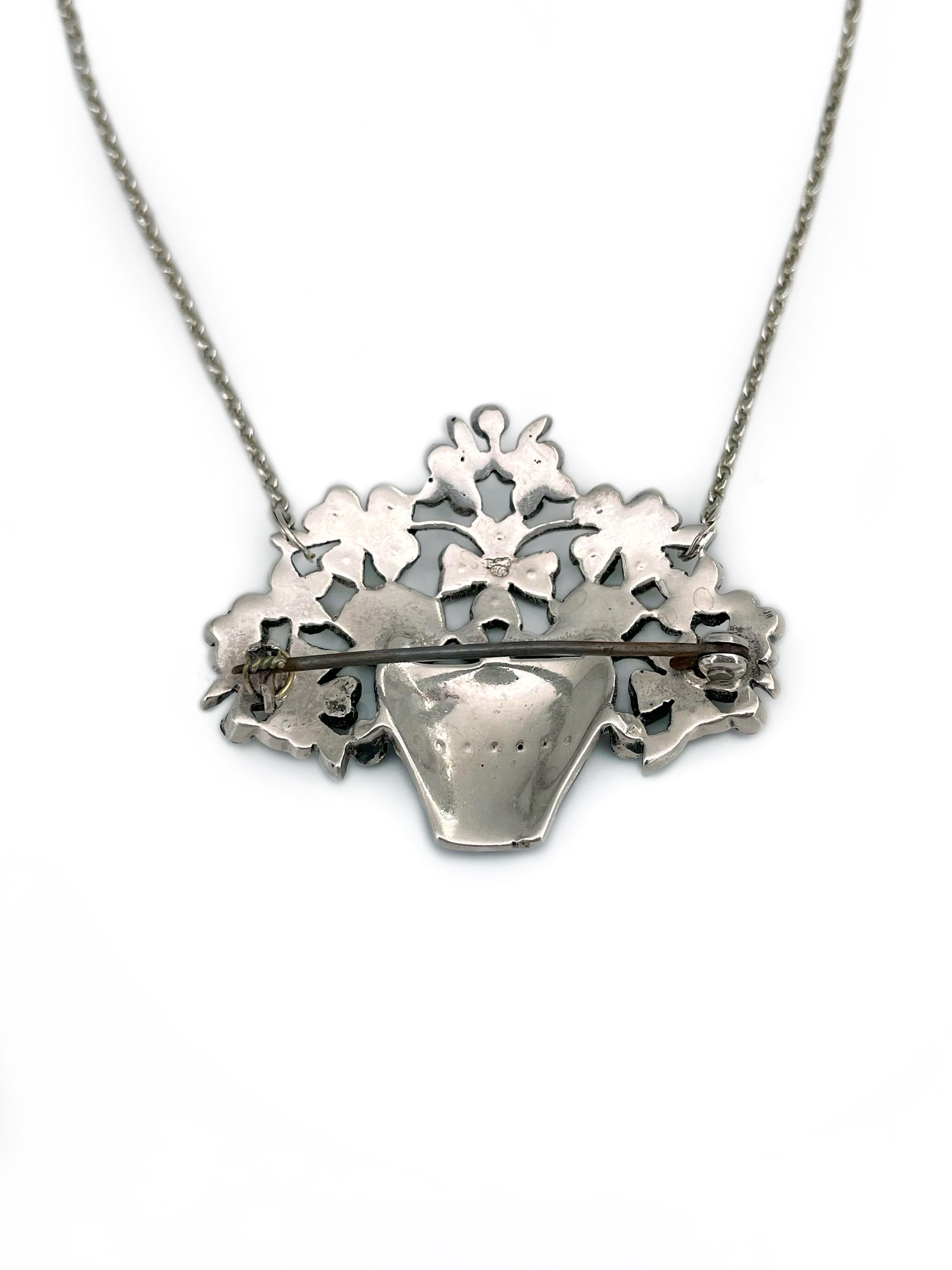 Women's Edwardiar Silver Enamel Paste Flower Basket Giardinetti Collier Pendant Brooch For Sale