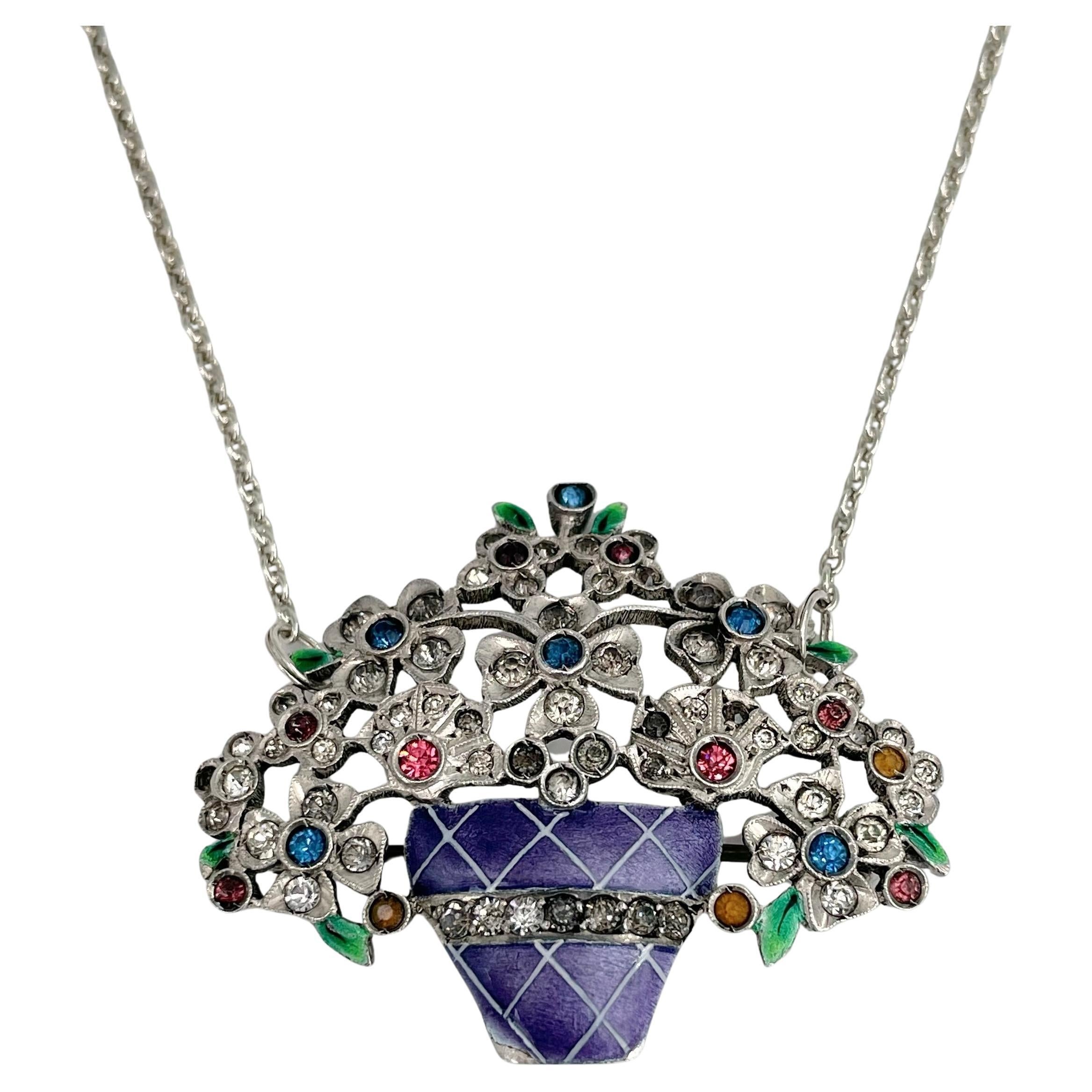 Edwardiar Silver Enamel Paste Flower Basket Giardinetti Collier Pendant Brooch For Sale