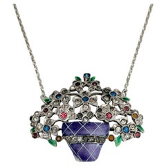 Edwardiar Silver Enamel Paste Flower Basket Giardinetti Collier Pendant Brooch