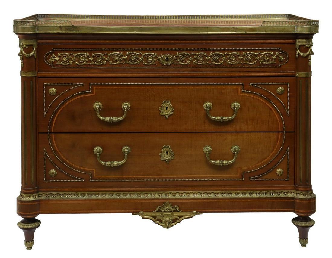 Louis XVI style ormolu-mounted mahogany commode, Edwards and Roberts, London, 19th c., pierced brass three-quarter gallery, rouge marble top with rounded cup corners, case with round fluted corner posts, bronze rinceau mounts and beaded trim,