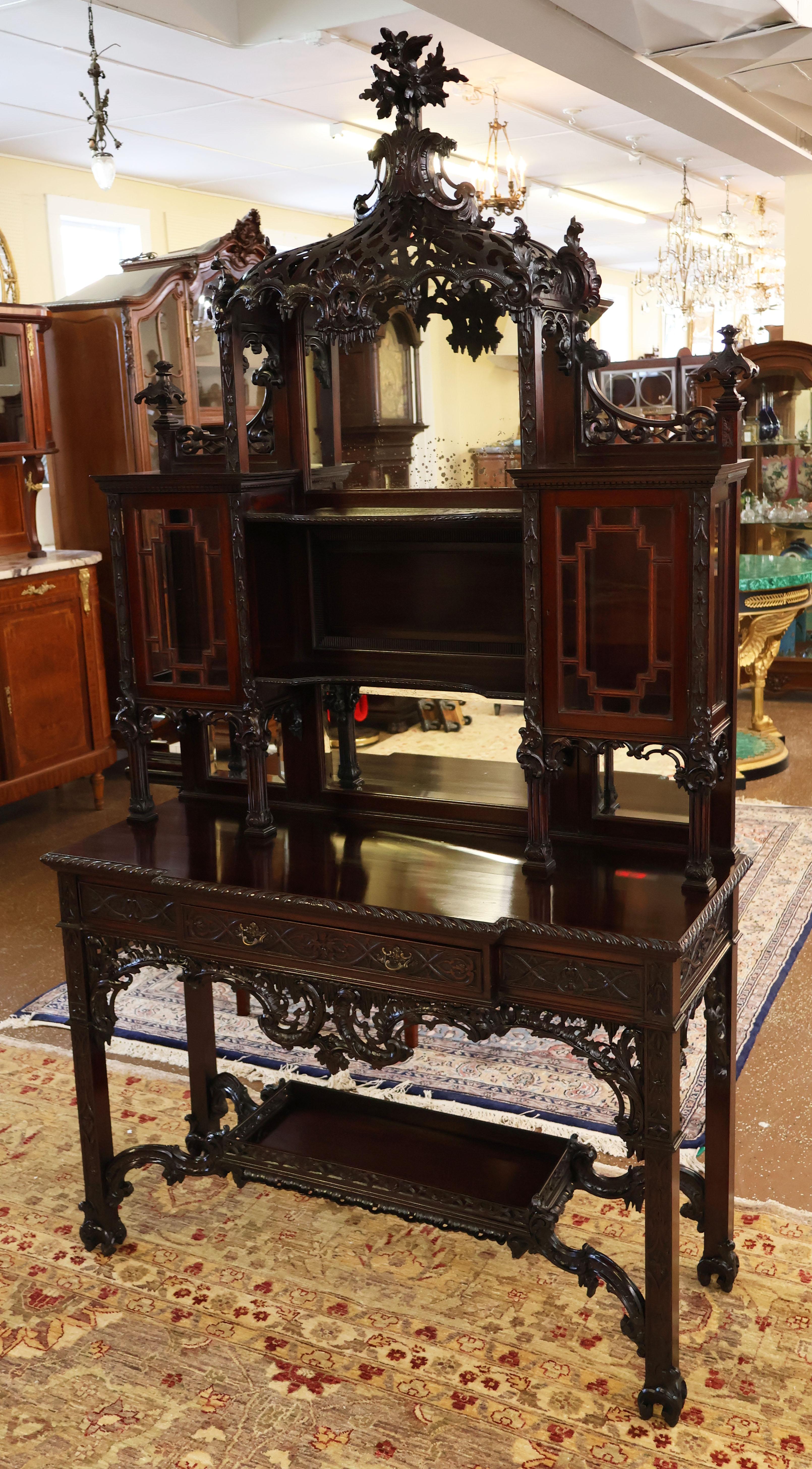 Hand-Carved Edwards & Roberts 19th Century Chinese Chippendale Mahogany Etagere Cabinet For Sale