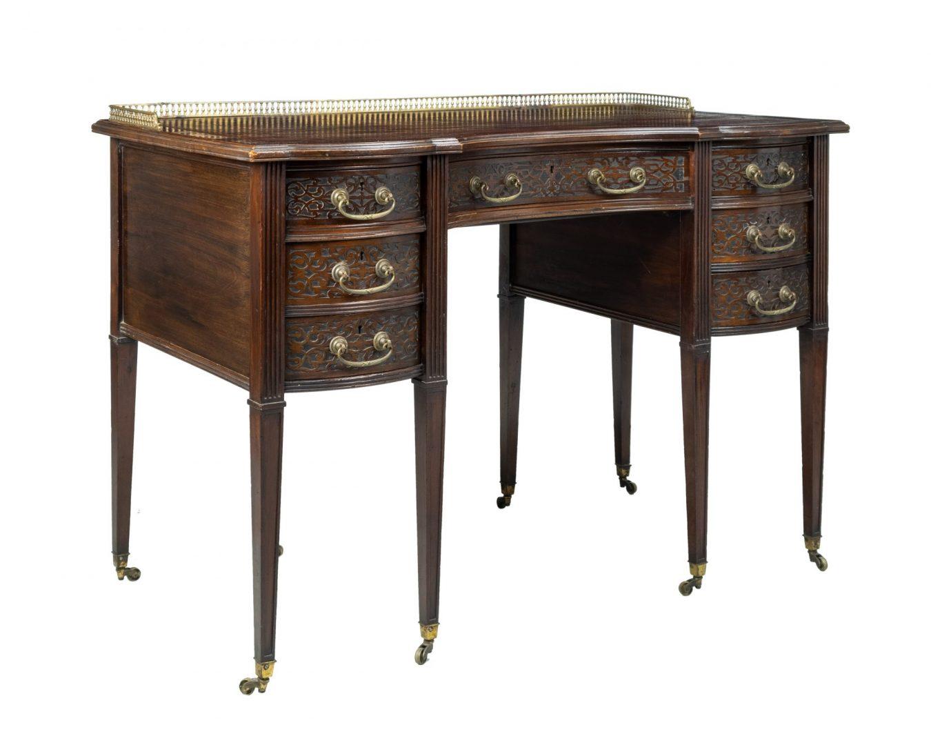 British Edwards & Roberts Mahogany Serpentine Front Ladies Desk For Sale