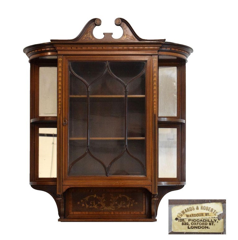 Edwards and Roberts, Queen Anne Revival Swan Neck Inlaid Mahogany Wall  Cabinet For Sale at 1stDibs