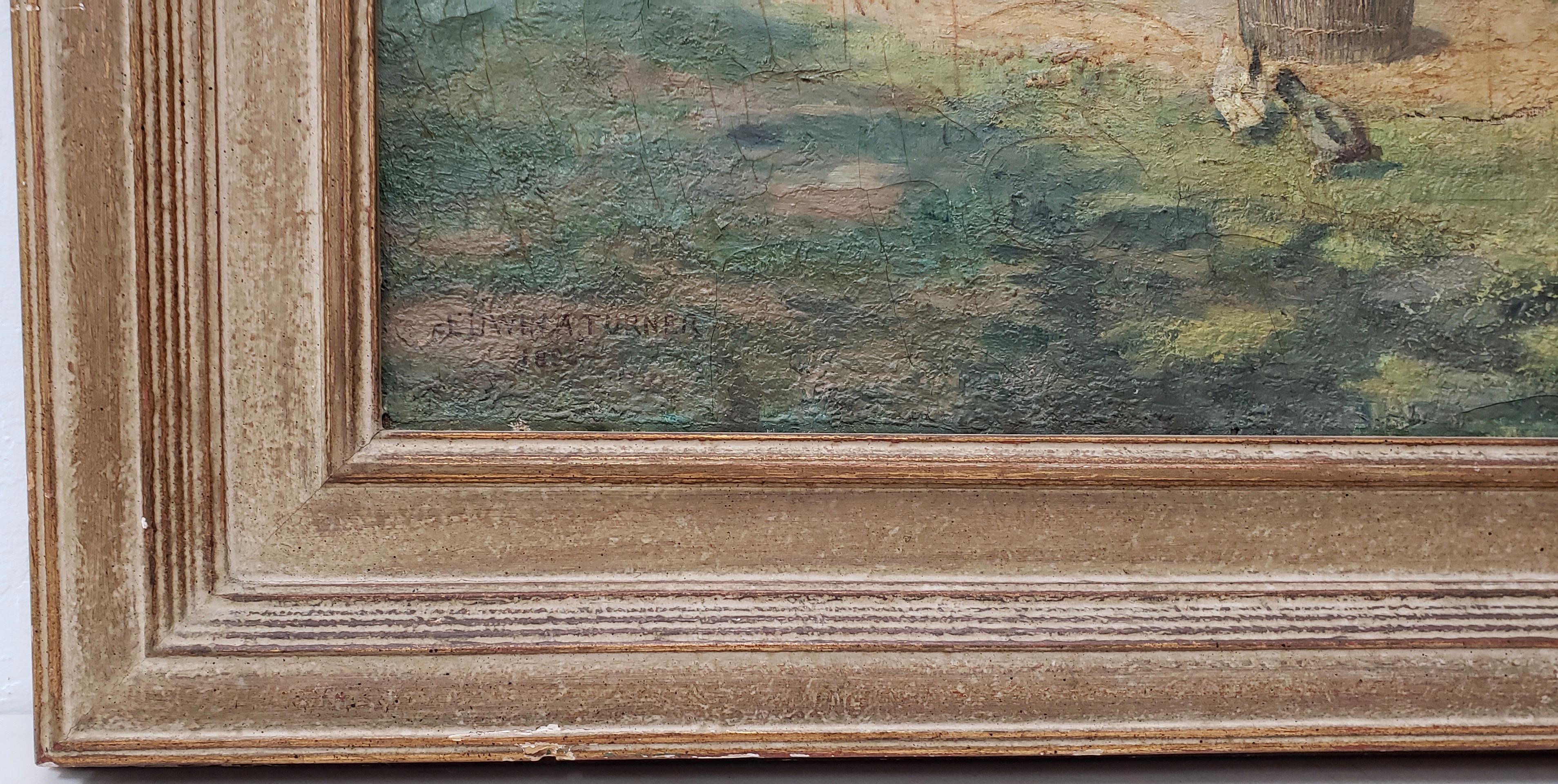 Edwin A Turner (1854-1899), peinture à l'huile à grande échelle d'une ferme européenne du 19e siècle, vers 1890

Ancienne peinture à l'huile de l'école européenne réalisée par l'artiste américain Edwin Turner.

Une ferme au toit de chaume avec