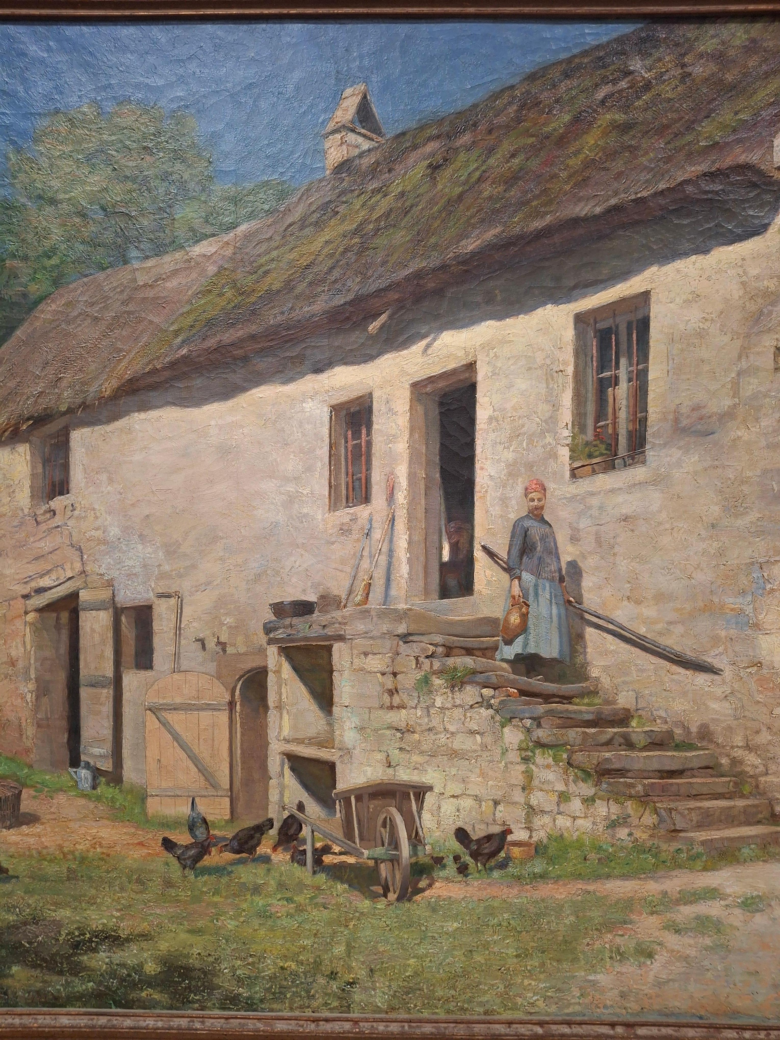 Edwin A. Turner (1854-1899) large scale 19th century European farm house oil painting, circa 1880's

Antique European School oil painting by listed American artist Edwin Turner.

A thatched roof farm house with a young woman and chickens.

Original