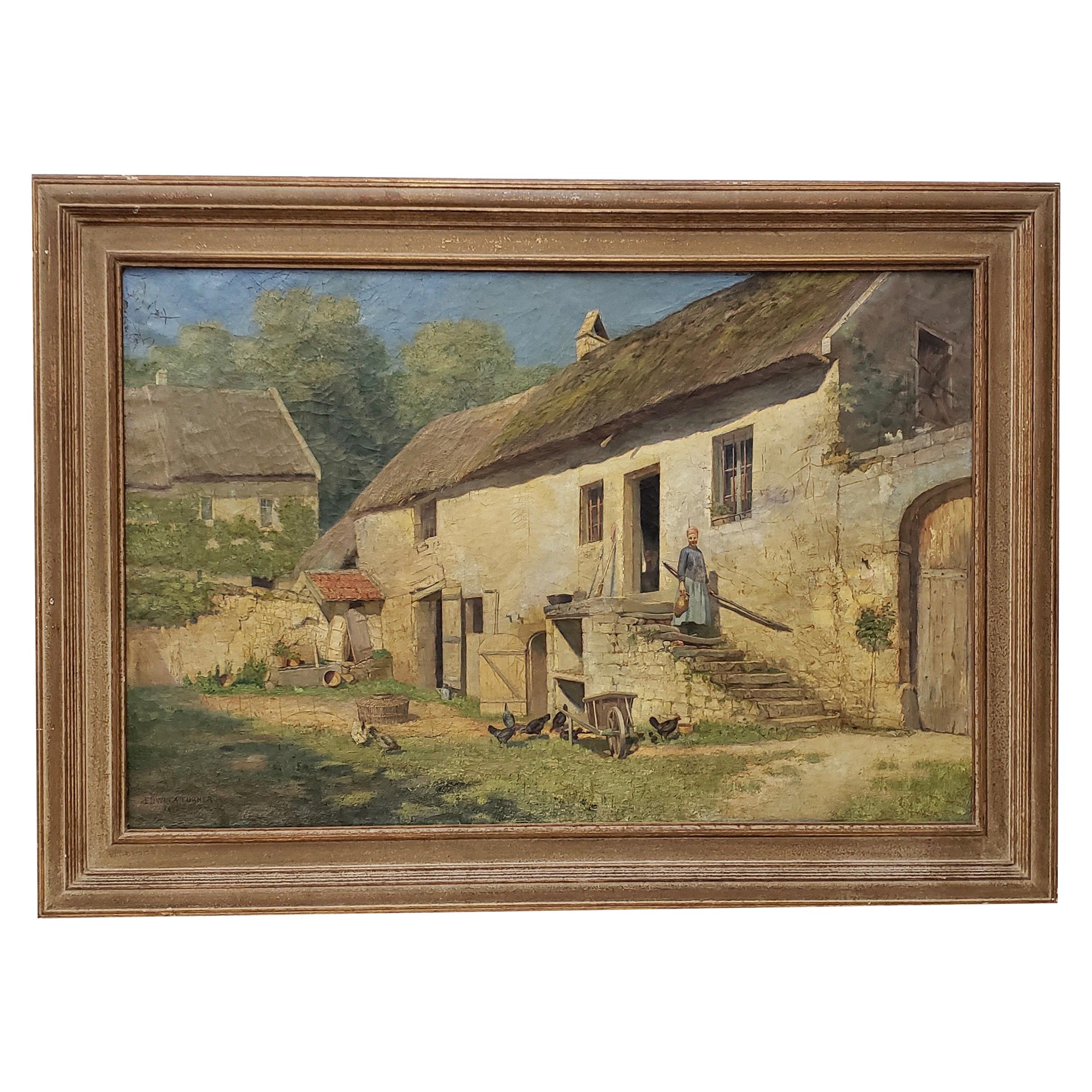 Edwin A Turner Grande peinture à l'huile de ferme européenne du 19ème siècle