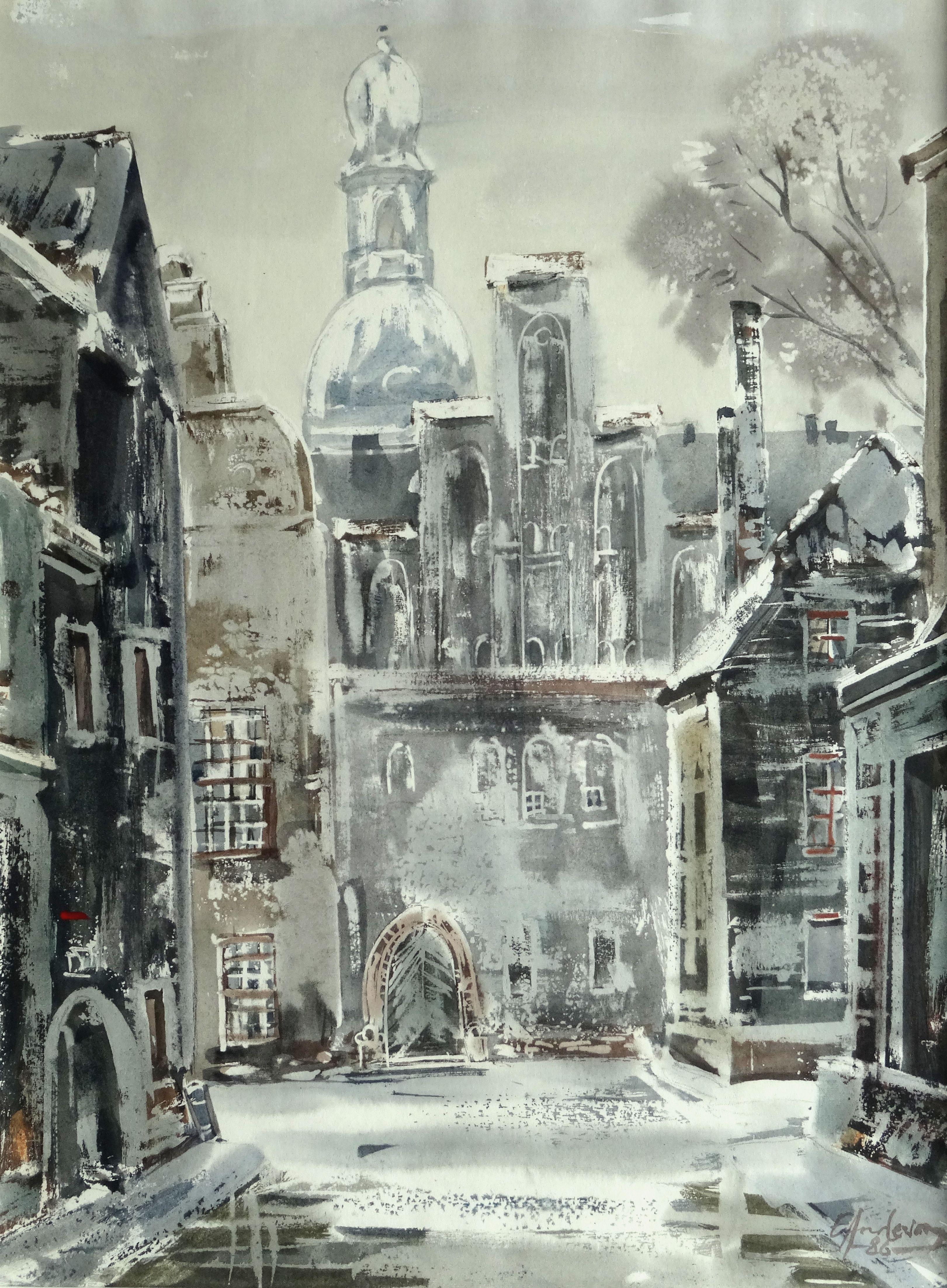 Edwin Andersons Landscape Painting - Old City. 1986. Paper, watercolor, 47x34 cm