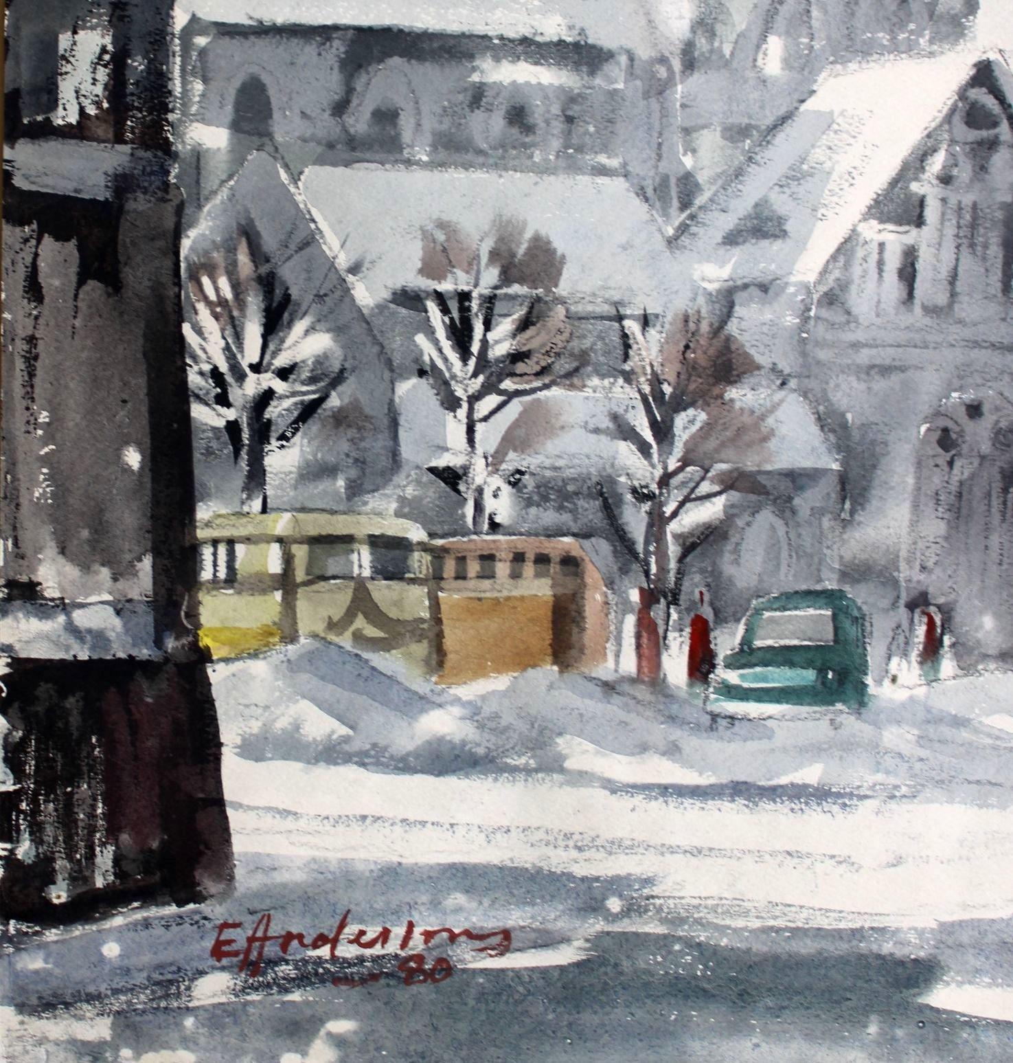 Vista del centro storico,  carta/acquerello, 83x59,5 cm - Painting Impressionismo di Edwin Andersons