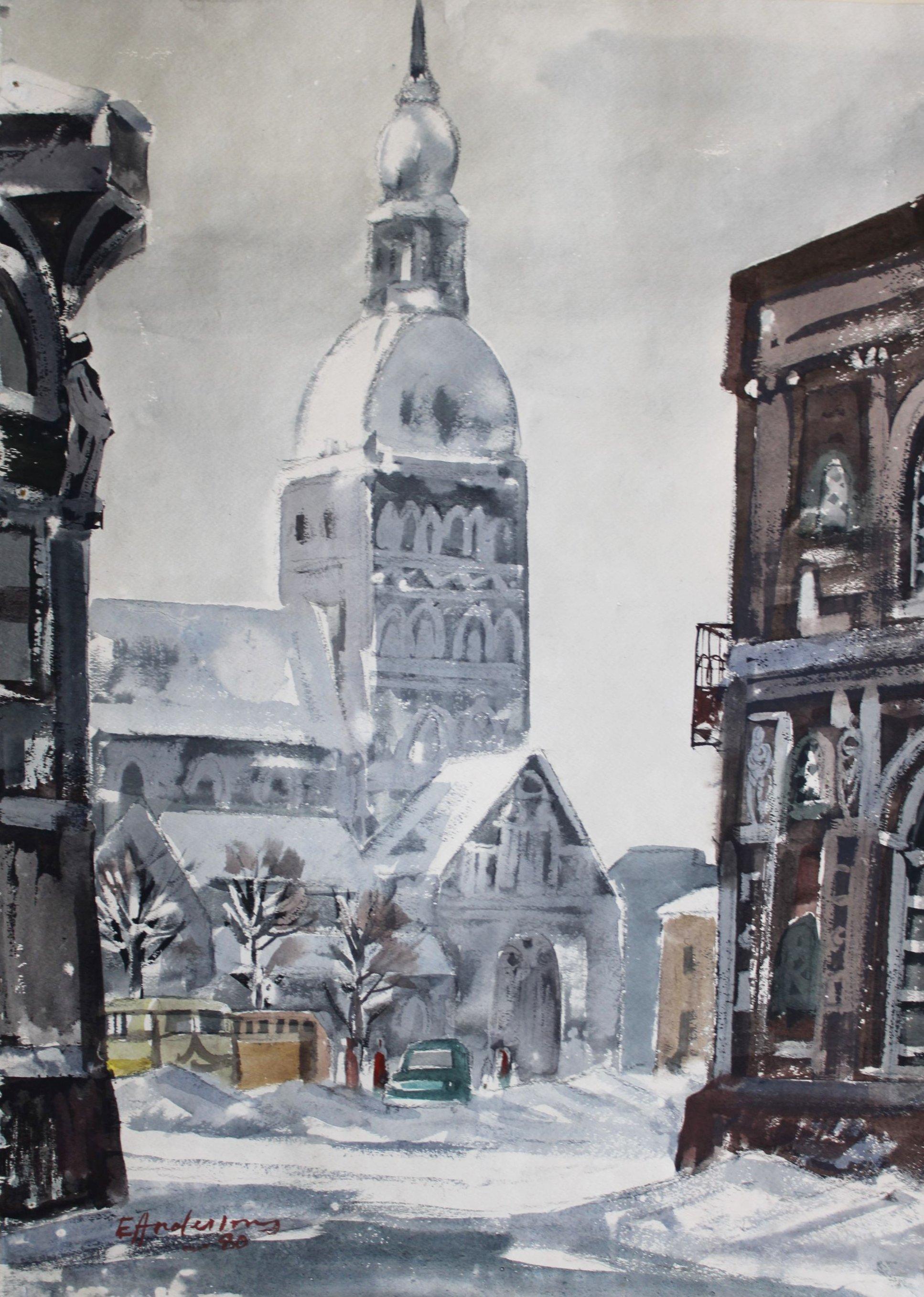 Vista del centro storico,  carta/acquerello, 83x59,5 cm - Landscape Painting Grigio di Edwin Andersons