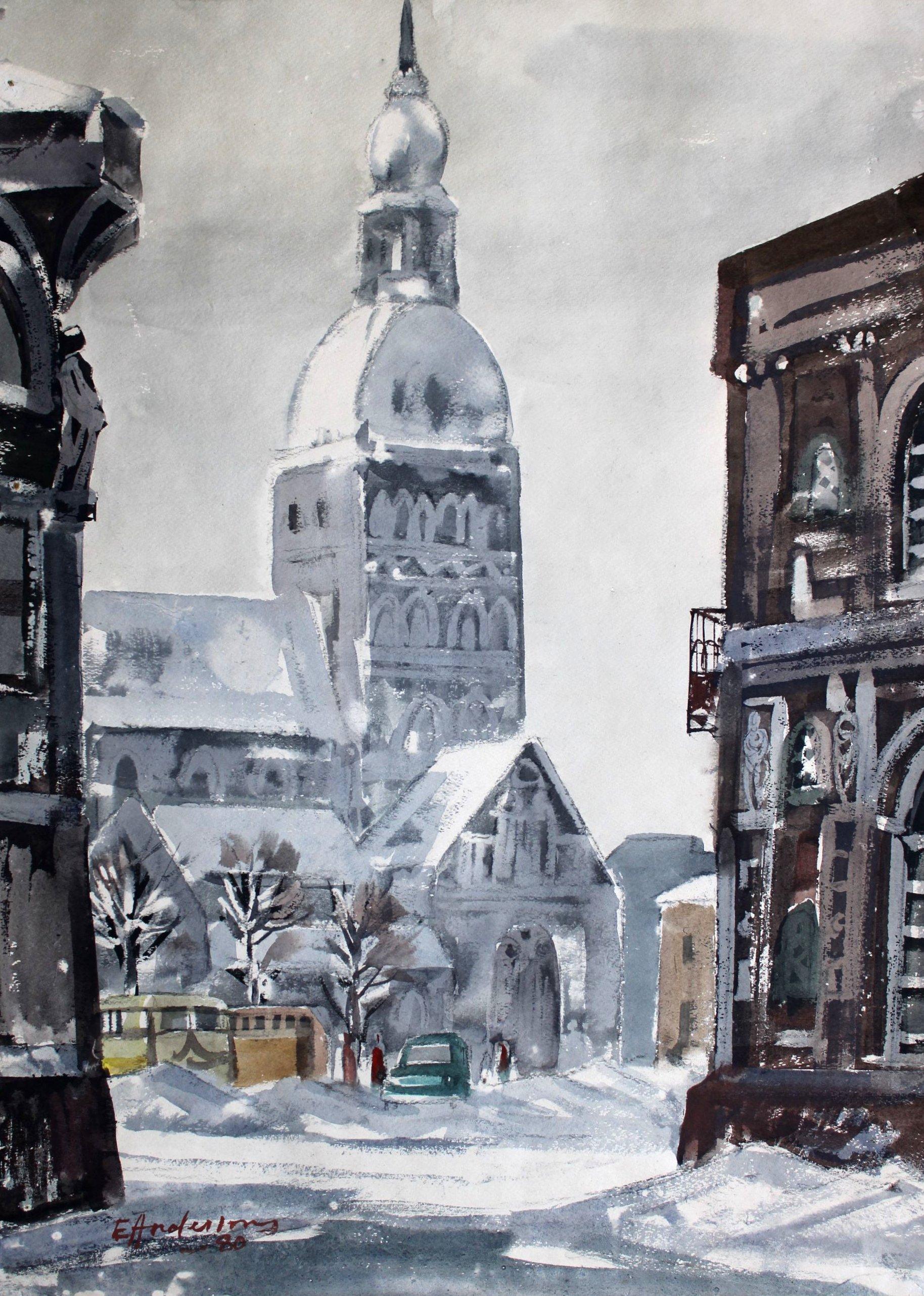 Landscape Painting di Edwin Andersons - Vista del centro storico,  carta/acquerello, 83x59,5 cm