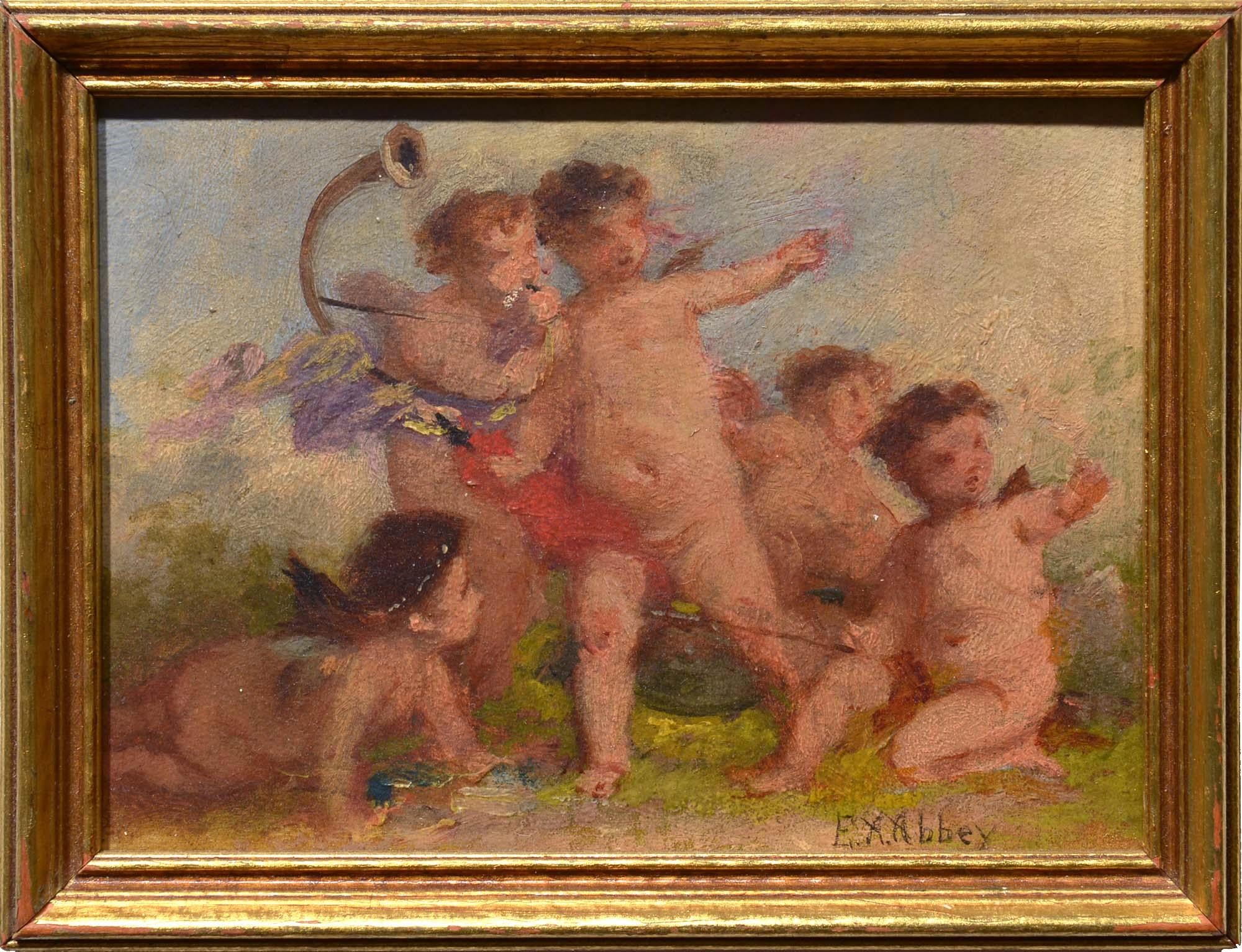 Cupid and His Assistants & Musical Cherubs, oil, figural, sold as pair - Painting by Edwin Austin Abbey