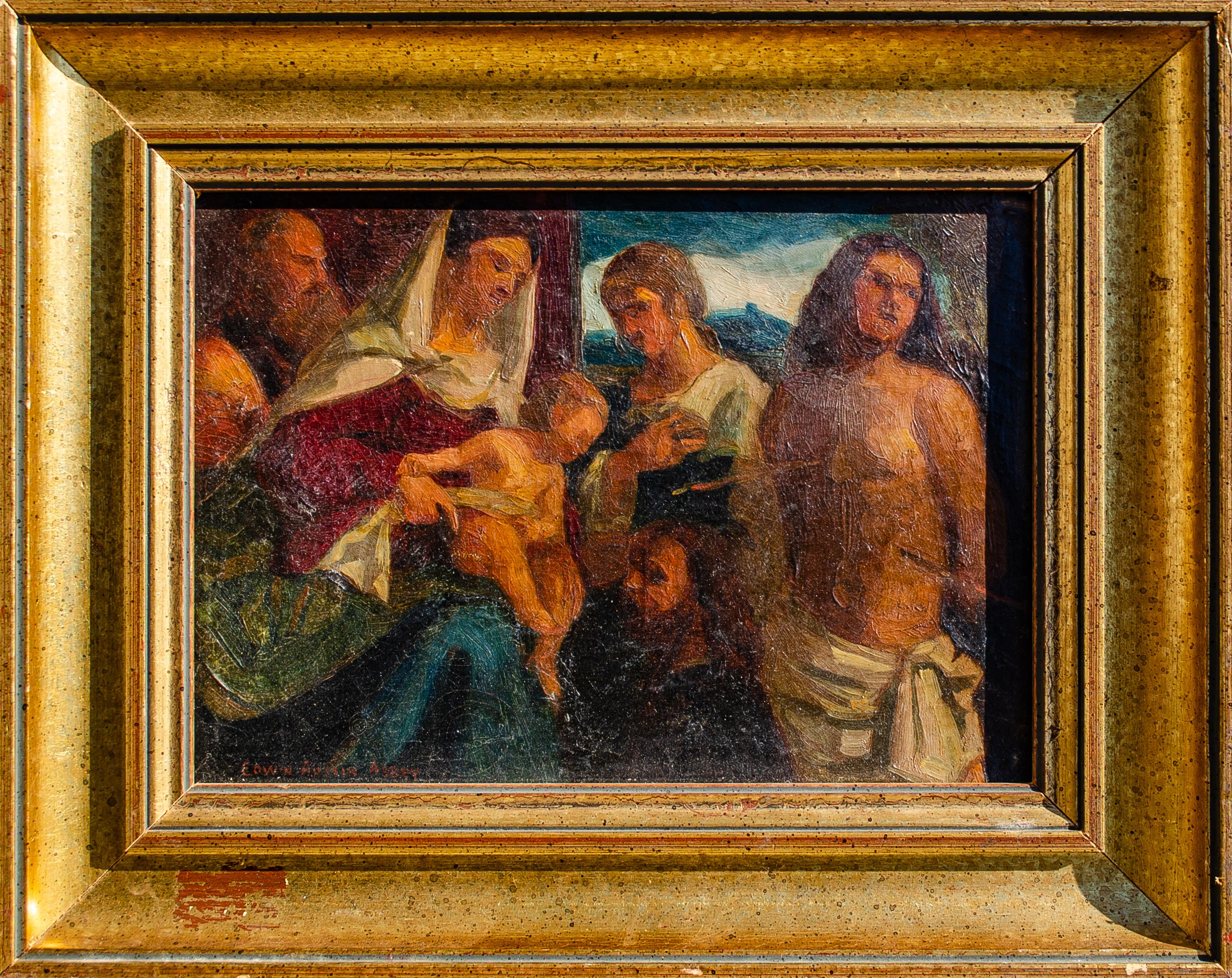 Peinture à l'huile originale d'Edwin Austin Abbey (Américain, 1852-1911) représentant la Vierge et l'Enfant avec des saints, vers la fin du XIXe-début du XXe siècle.
Signé en bas à gauche : Edwin Austin Abbey

Né en 1852, le nom d'Edwin Austin Abbey