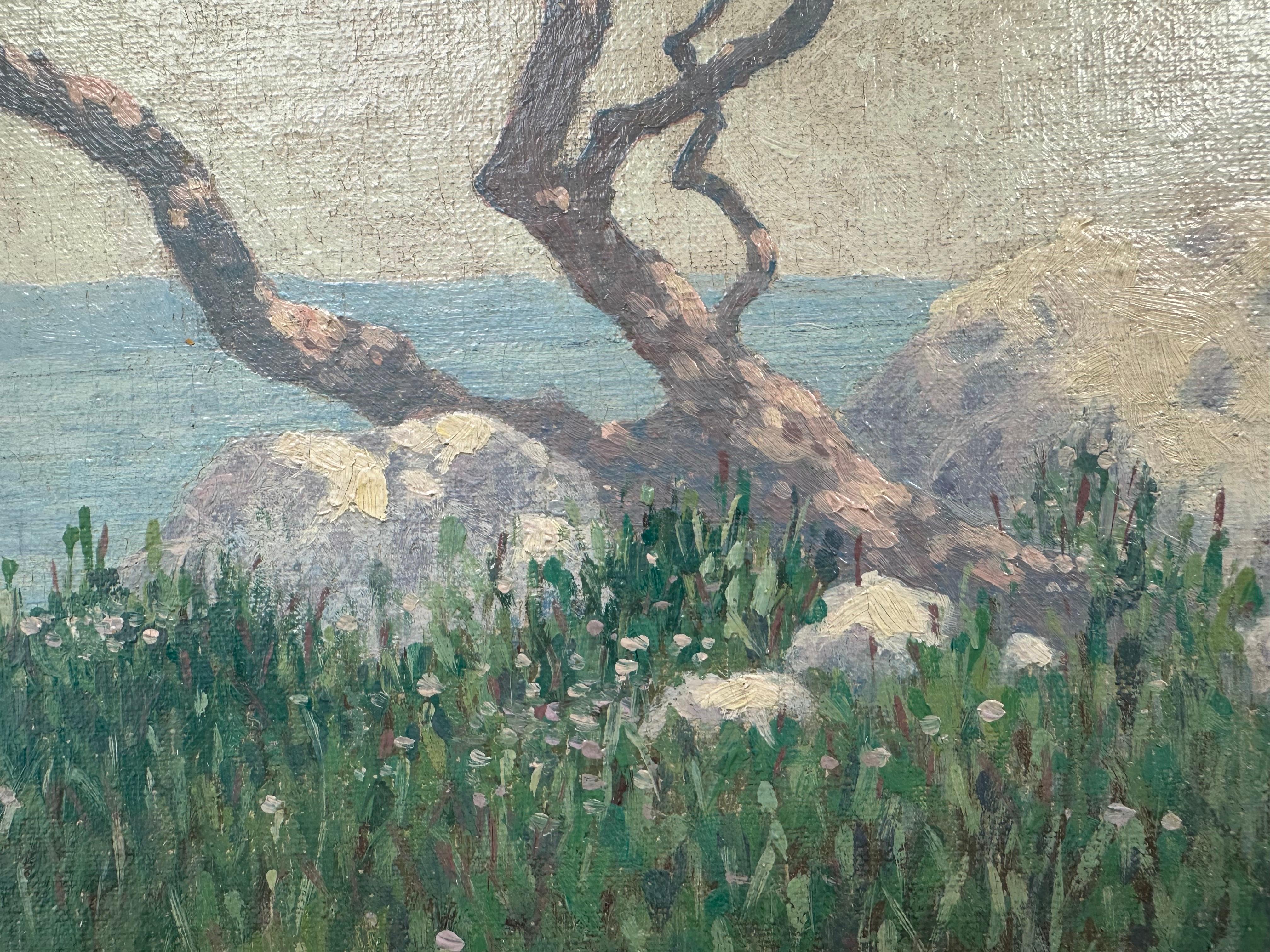 Edwin B. Kelley Jr. (estadounidense). 

Paisaje del árbol de Chipre de la Bahía de Monterrey. 

Óleo sobre tabla de 12 x 16 pulgadas. 

Sin enmarcar. Firmado abajo a la izquierda. 