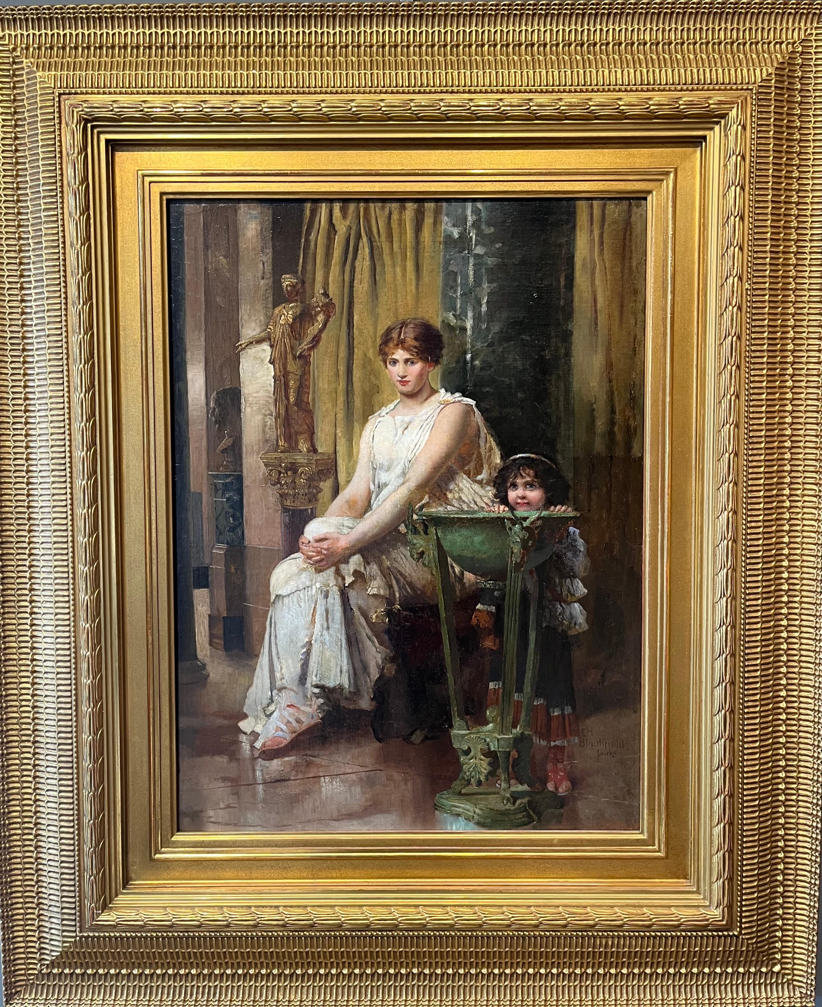 Portrait Painting Edwin Blashfield - Portrait à l'huile de femme et d'enfant 