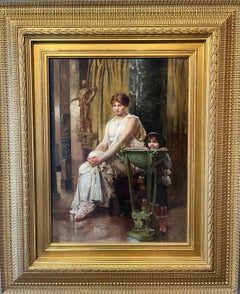 Antique Oil portrait of woman and child 