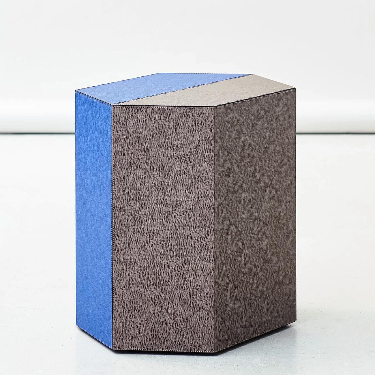 Stool Edwin Blue Brown with solid wooden structure
covered with hand-crafted calfskin leather in blue and
brown color.