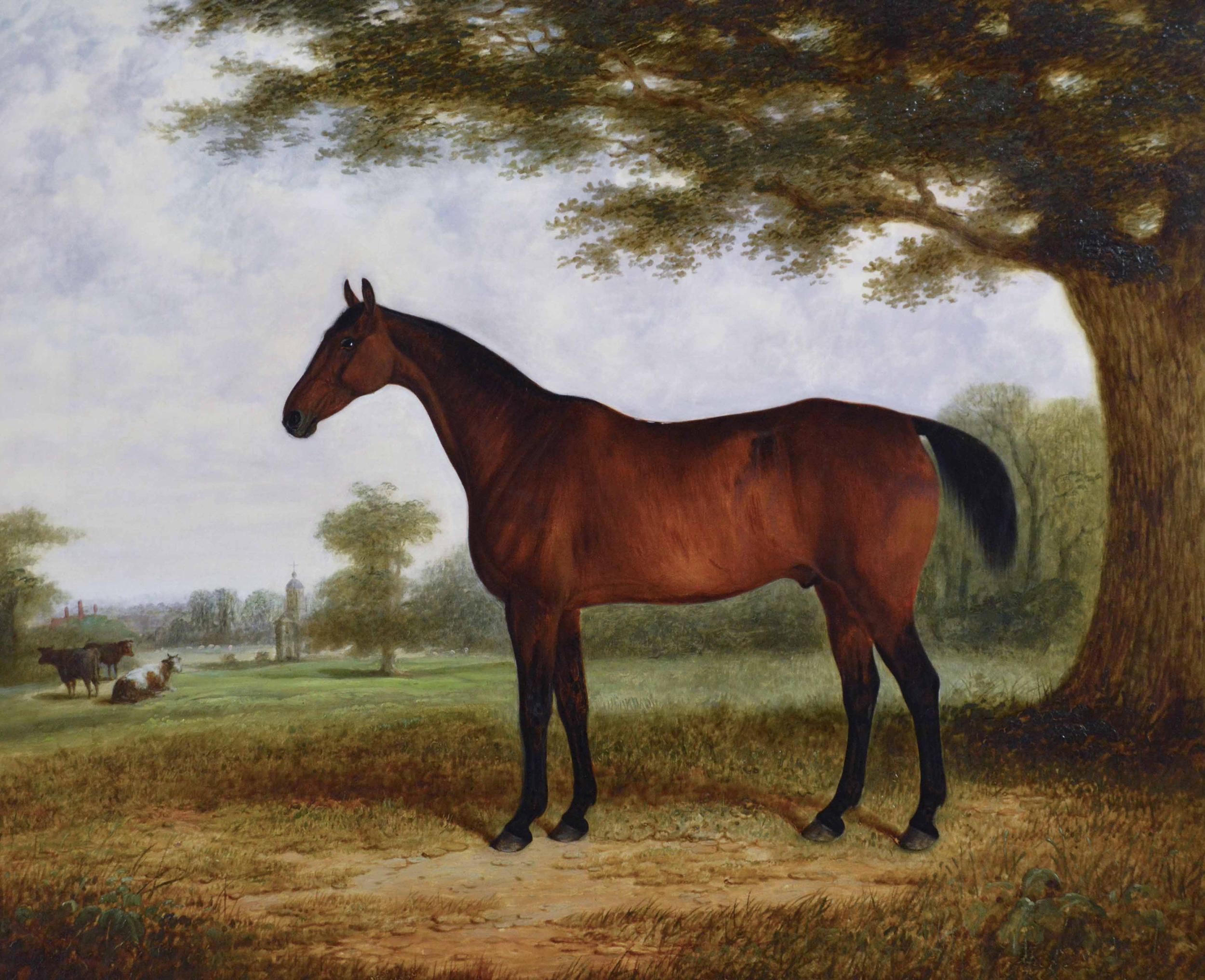 19th Century sporting animal oil painting of a horse with cattle in a landscape  - Painting by Edwin Brown