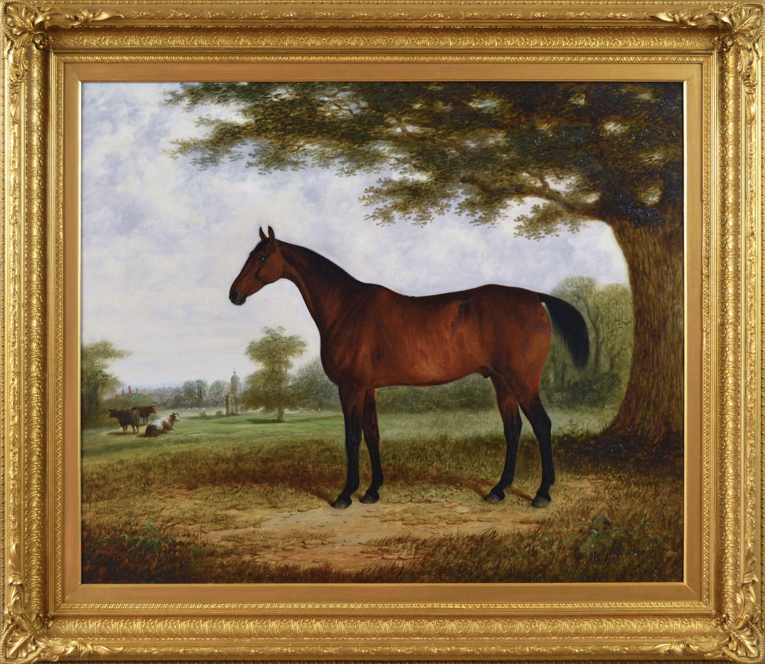 19th Century sporting animal oil painting of a horse with cattle in a landscape 
