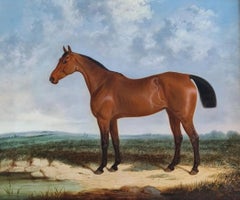 A bay horse in a coastal landscape