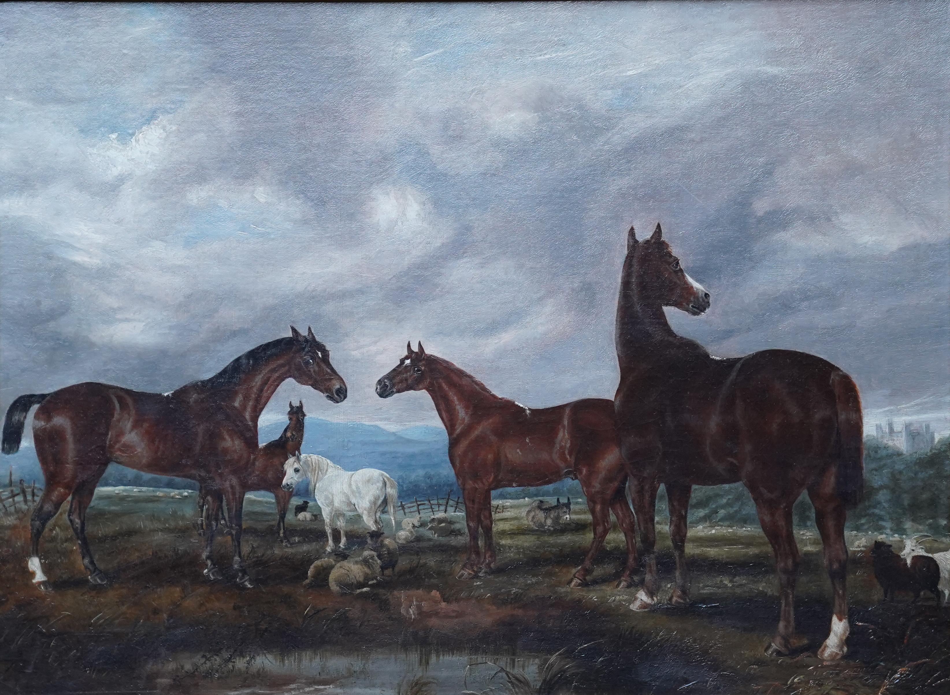 Horses in Landscape - British Victorian art equine animal portrait oil painting - Painting by Edwin Brown
