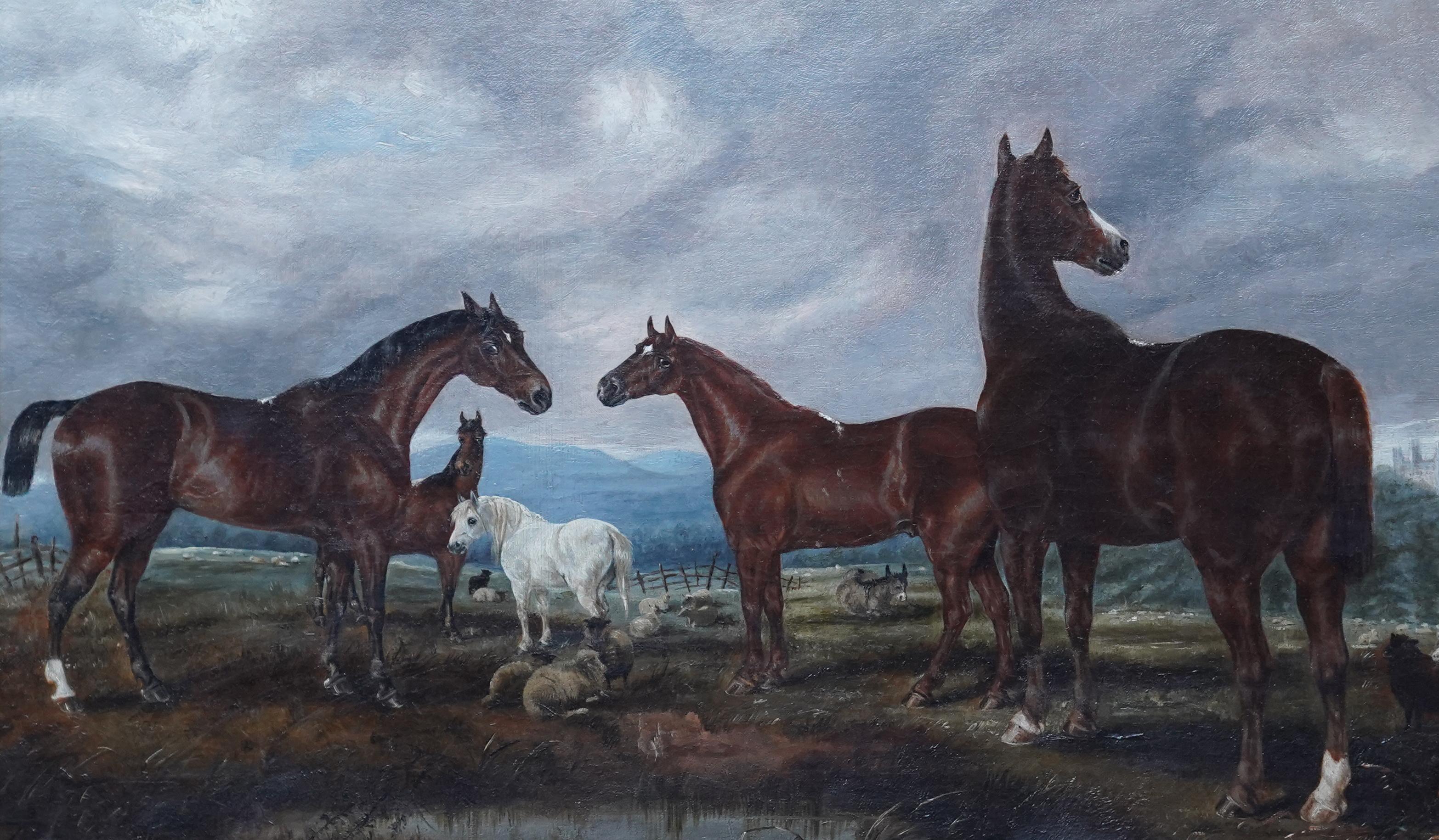 Horses in Landscape - British Victorian art equine animal portrait oil painting - Realist Painting by Edwin Brown