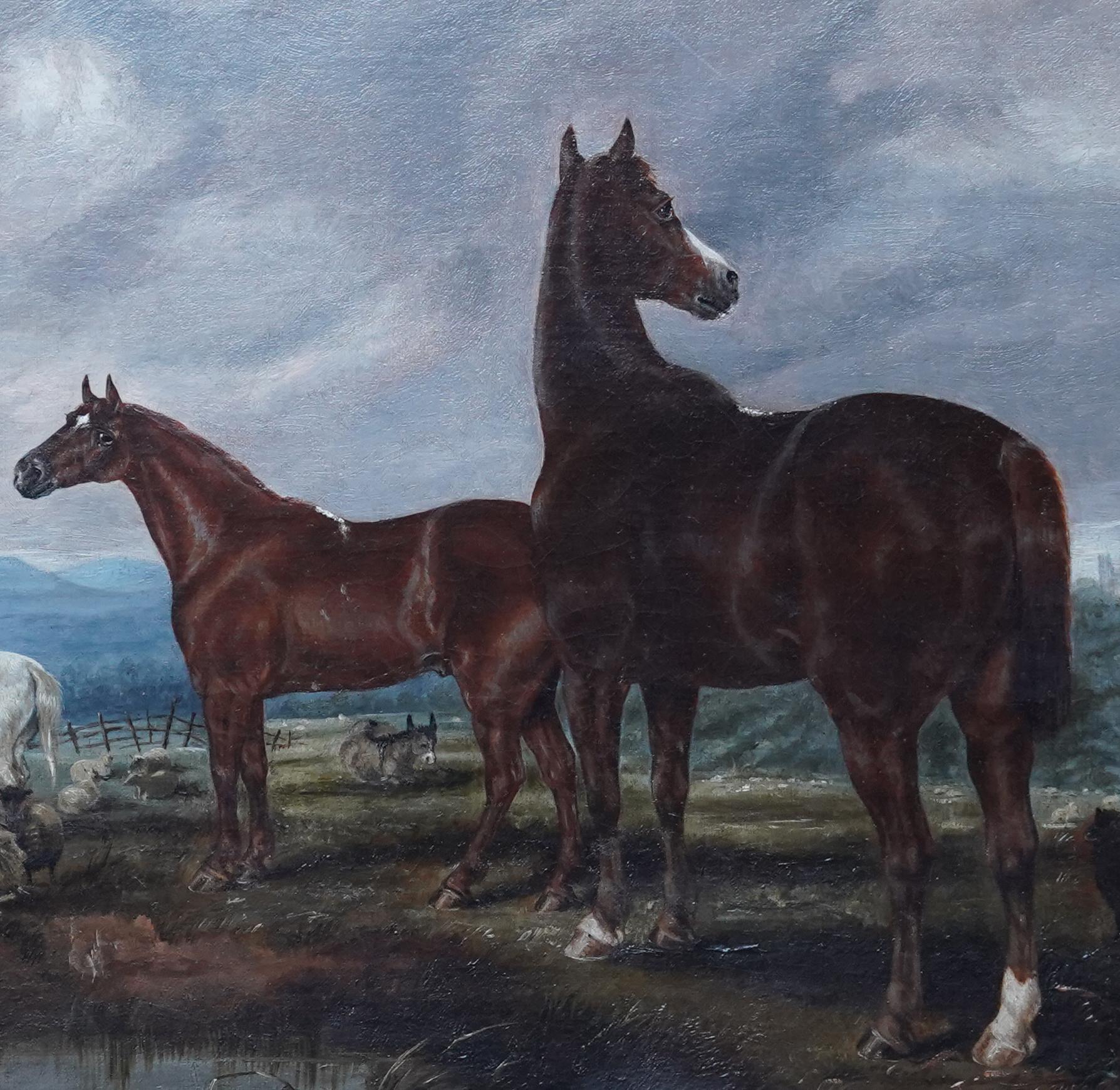 Horses in Landscape - British Victorian art equine animal portrait oil painting - Gray Landscape Painting by Edwin Brown